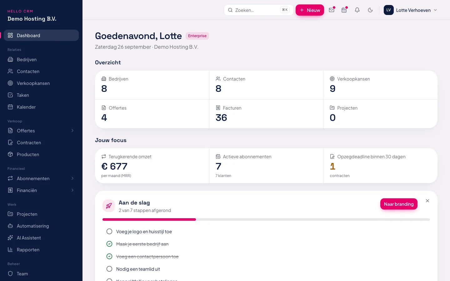 Dashboard met terugkerende omzet, actieve abonnementen en opzegdeadlines